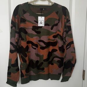 Green and Brown Camouflage Crew Neck Sweater